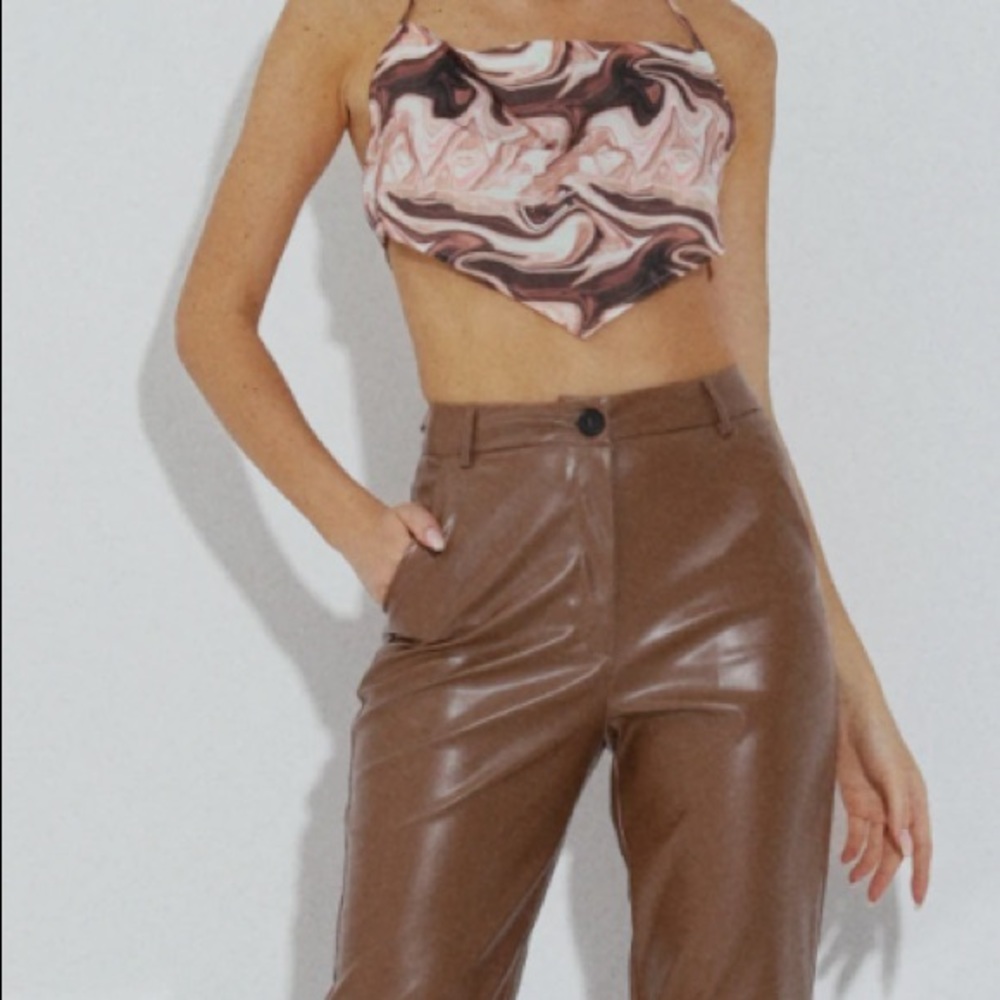 Brown Faux Leather Flare Pants